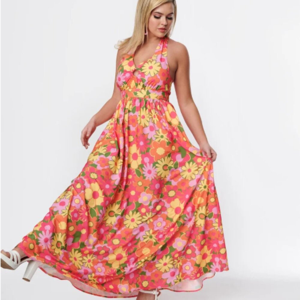 Smak Parlour Pink & Orange Floral Halter Maxi Dress - L/10-12
